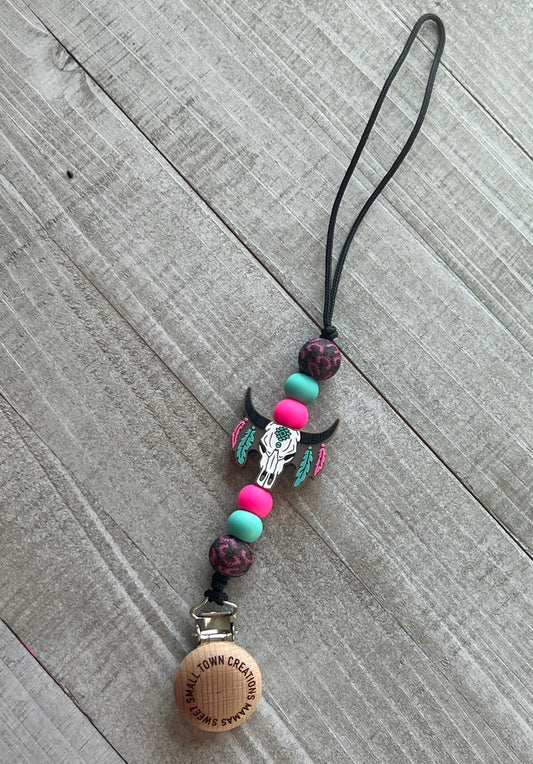 Boho pink/Turquoise Cow Skull Pacifier Holder