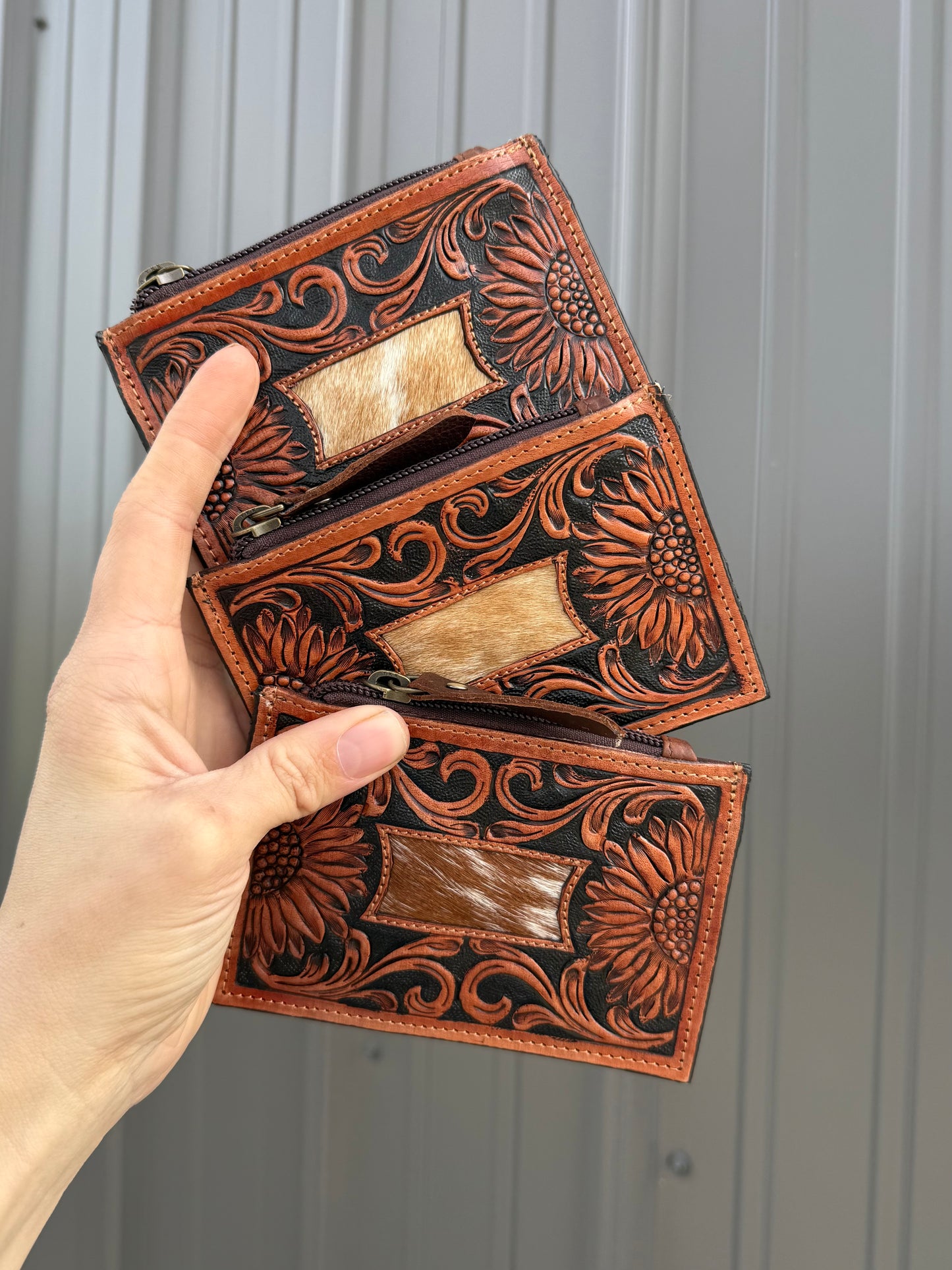 Rectangle Tooled Leather Cowhide Zipper Pouch with Card Slots