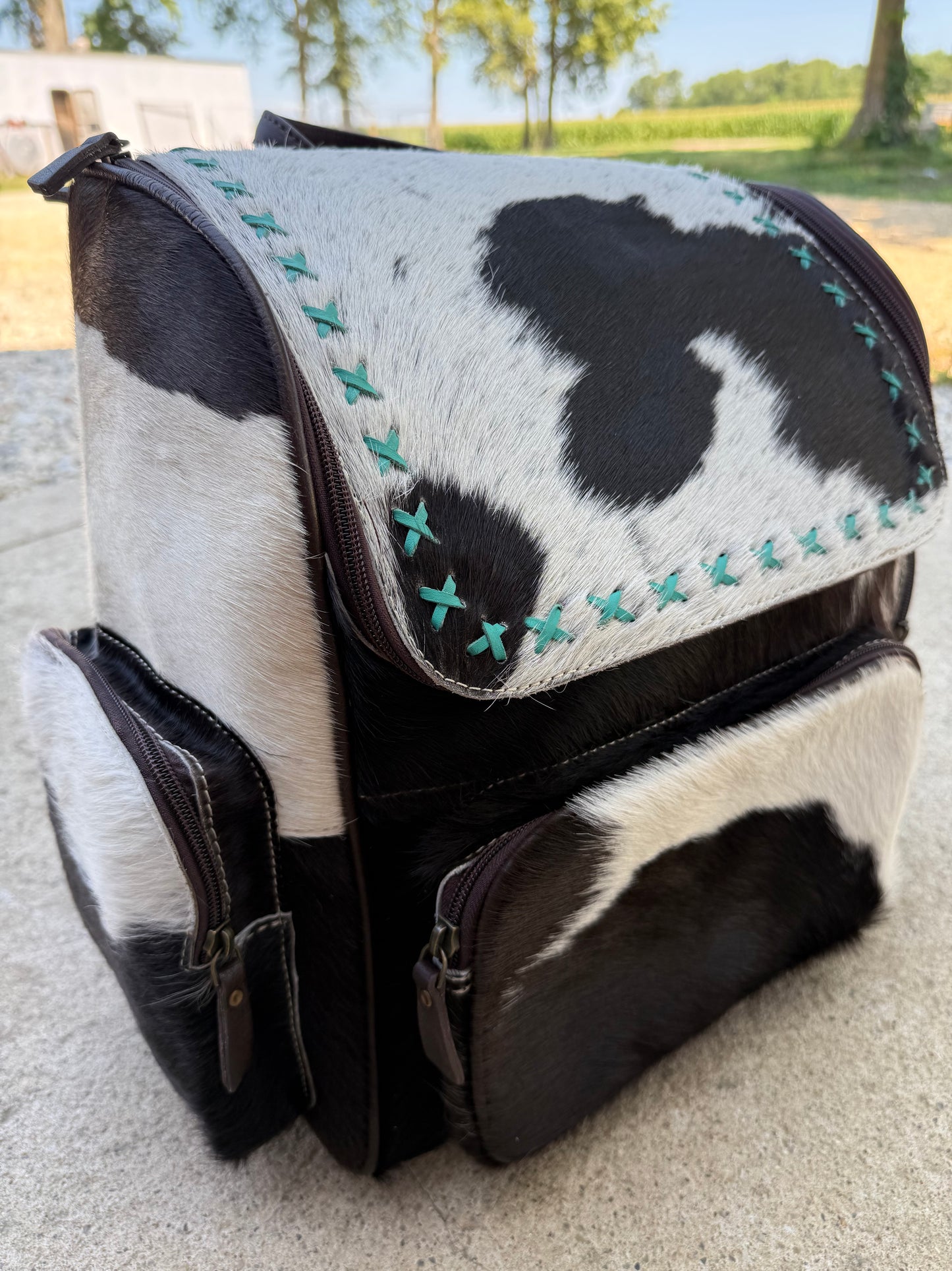 Black & White Cowhide Turquoise Stitching Backpack / Diaper Bag