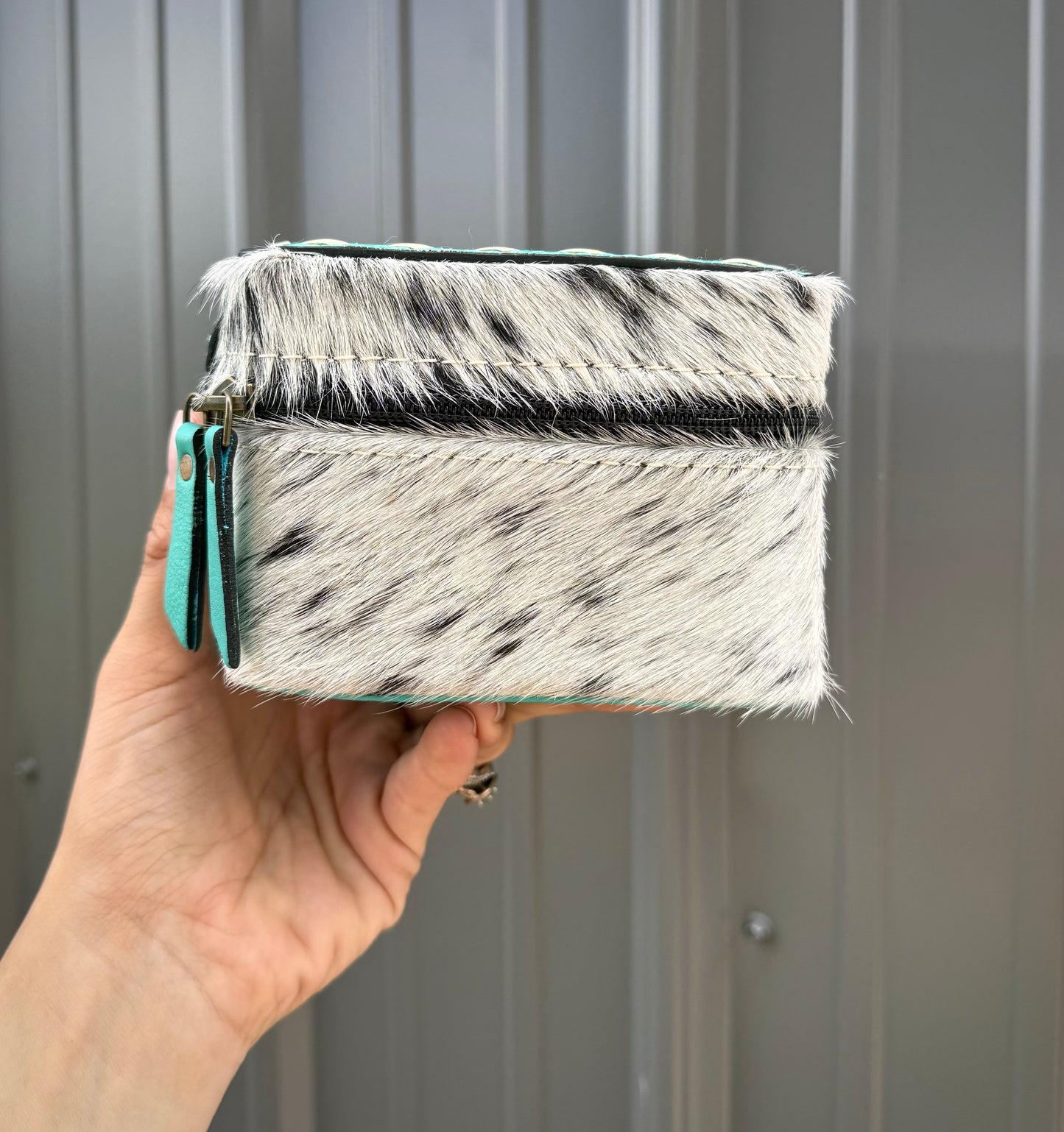 Turquoise Thunderbird Salt & Peeper Speckled Cowhide Square Jewelry Zipper Box