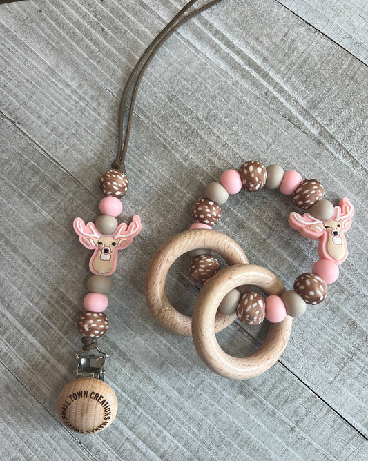 Pink Doe Print Deer Teether Set