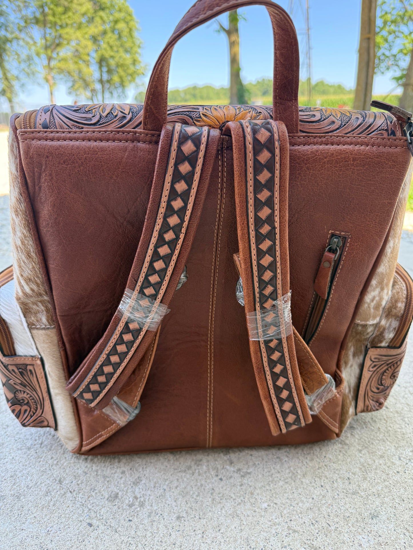 Sunflower Checkered Tooled Leather Brown Cowhide Backpack / Diaper Bag