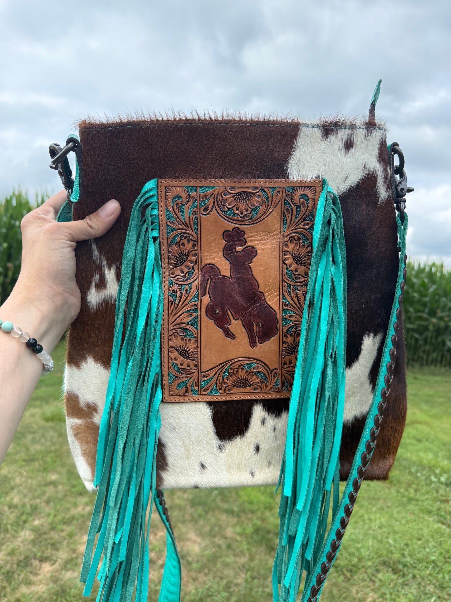 Bucking Horse Genuine Leather Turquoise Fringe Crossbody Purse