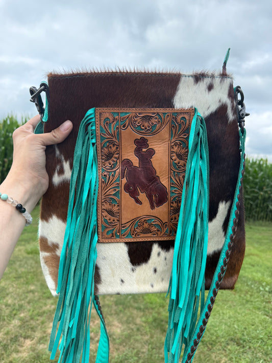 Bucking Horse Genuine Leather Turquoise Fringe Crossbody Purse