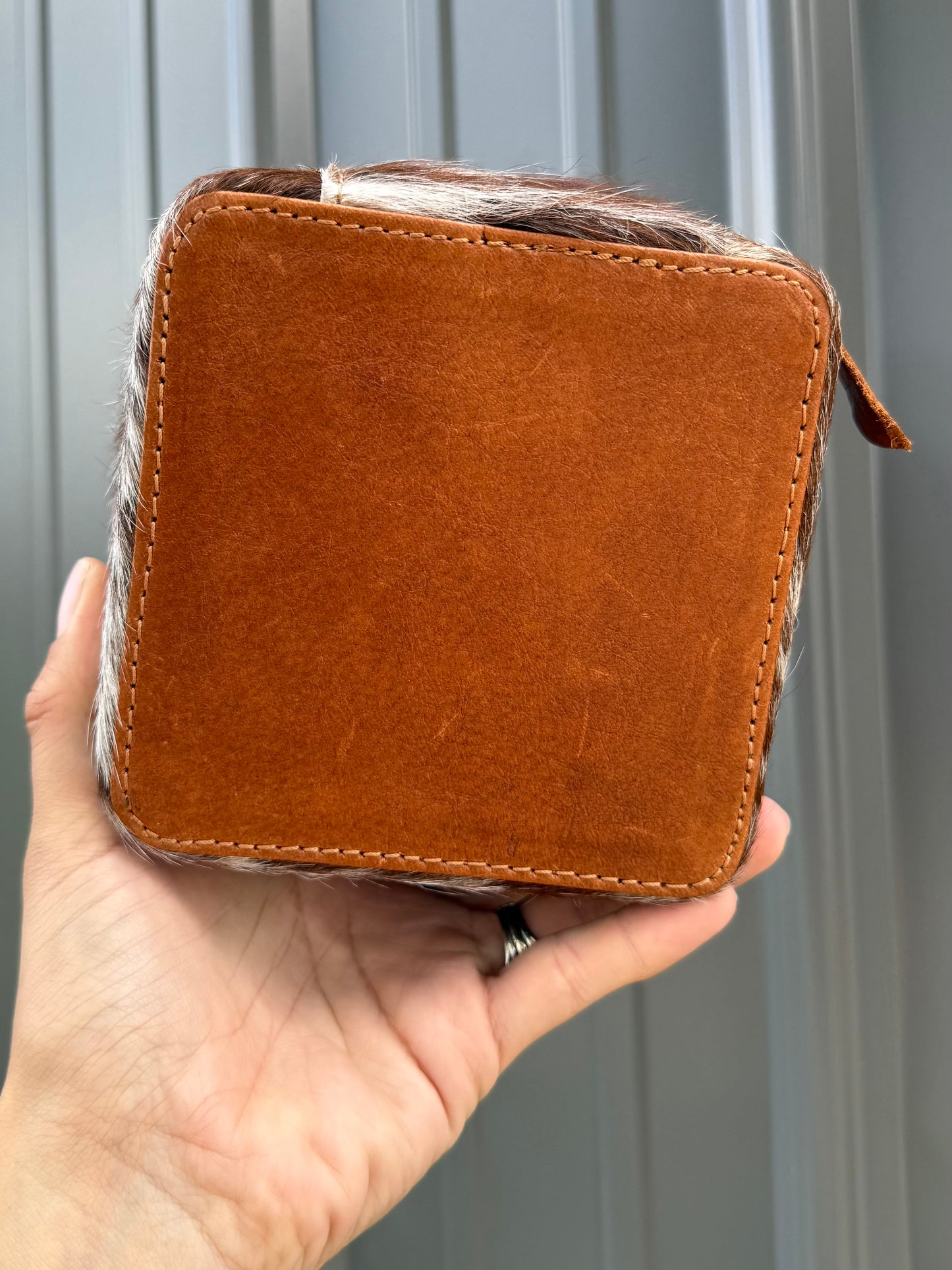Rust Brown Red Tooled Top Brown Speckled Cowhide Square Jewelry Zipper Box