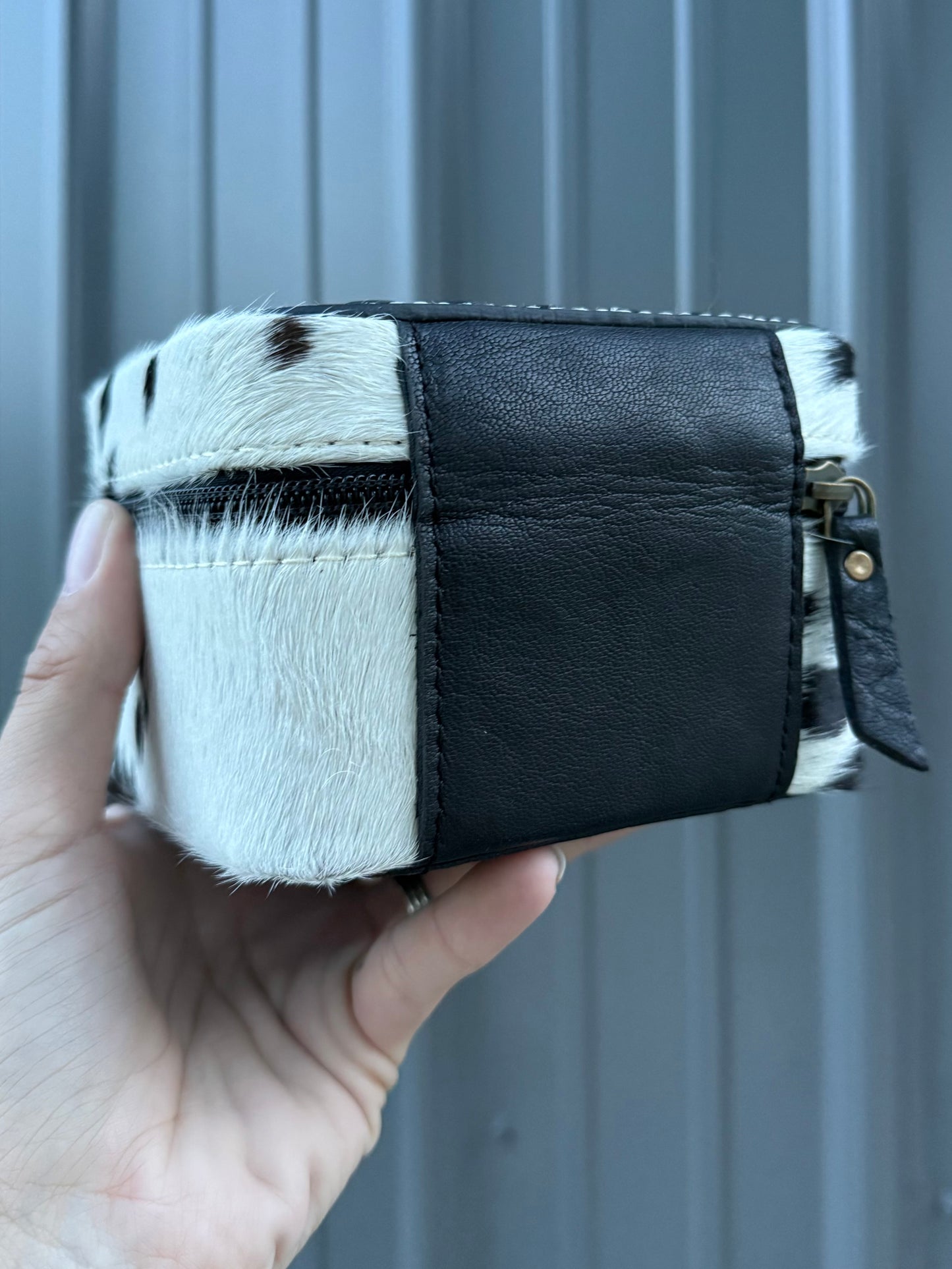 Checkered and Cowhide Square Jewelry Zipper Box