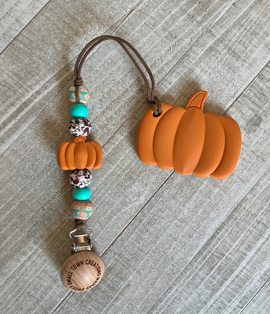 Coral & Turquoise Aztec/Brown Cowhide Pumpkin Teether Set