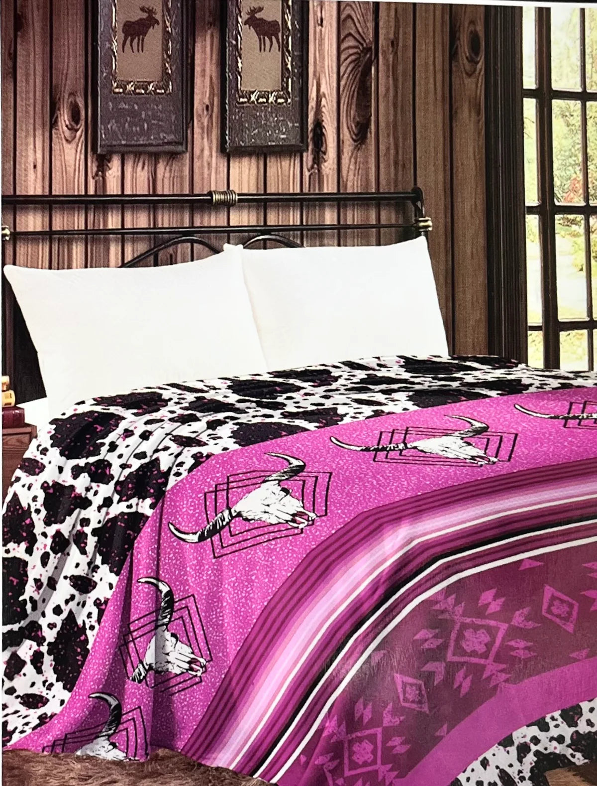 Pink Aztec Cow Skull Western Cowboy Plush Thin Twin Blanket