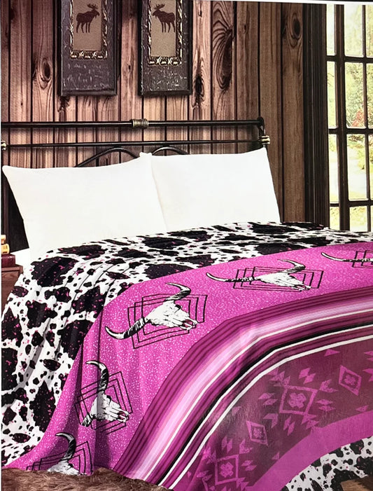 Pink Aztec Cow Skull Western Cowboy Plush Thin Twin Blanket