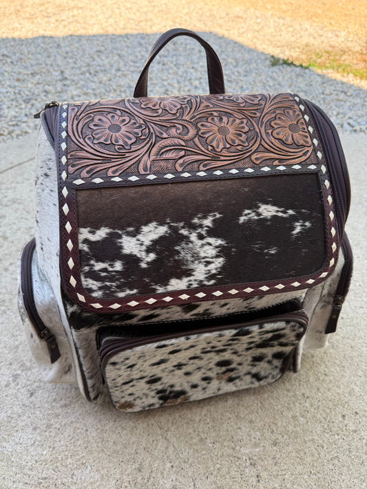 Tooled Leather Dark Brown Speckled Cowhide Backpack / Diaper Bag