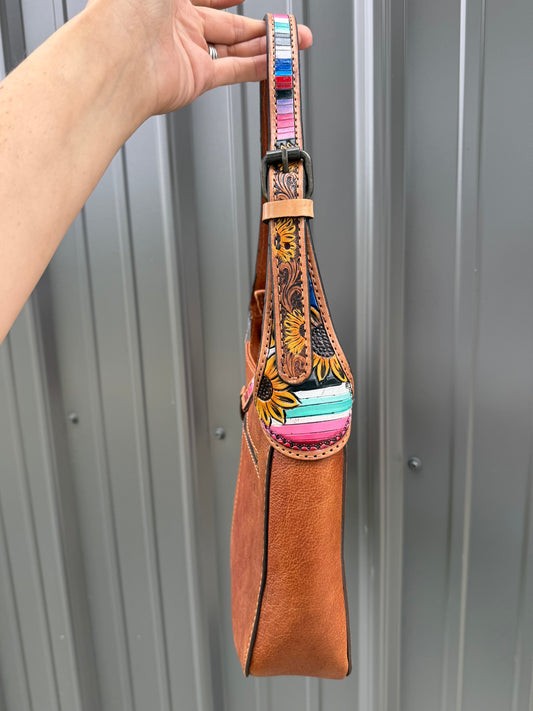 Colorful Sunflower Tooled Genuine Cowhide Purse