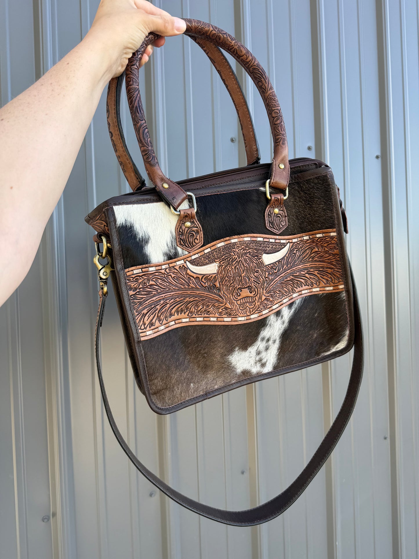 Brown Tooled Genuine Cowhide Highland Cow Purse with Crossbody
