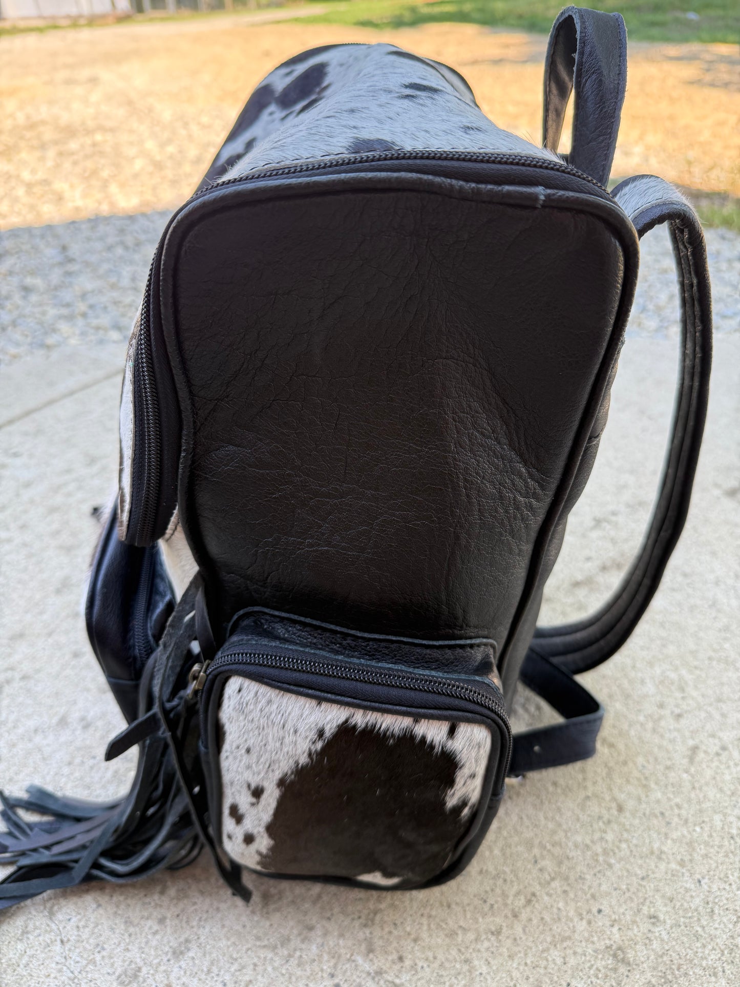 Black Leather Fringe Cowhide Backpack / Diaper Bag