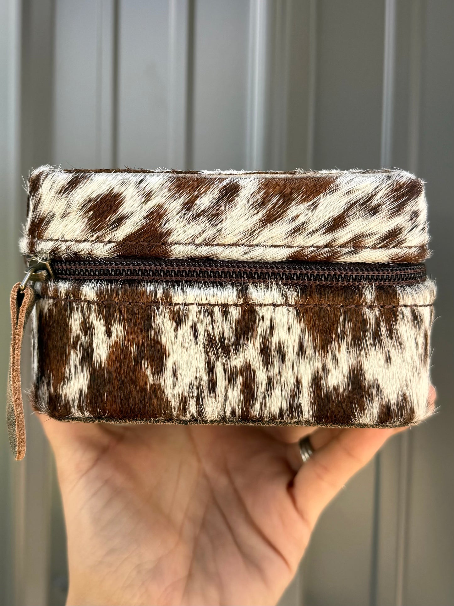 Dark Brown Speckled Cowhide Square Jewelry Zipper Box