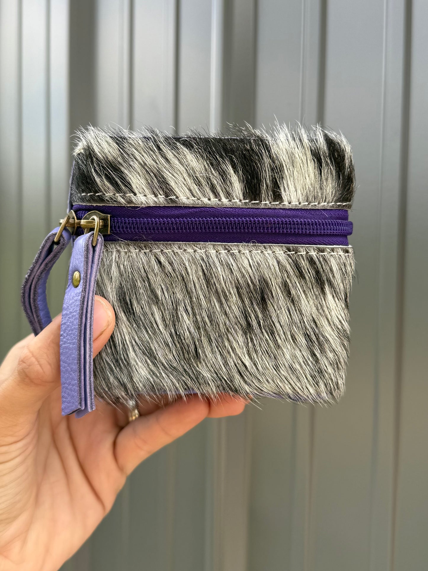 Lavender Purple Tooled Top Speckled Cowhide Square Jewelry Zipper Box