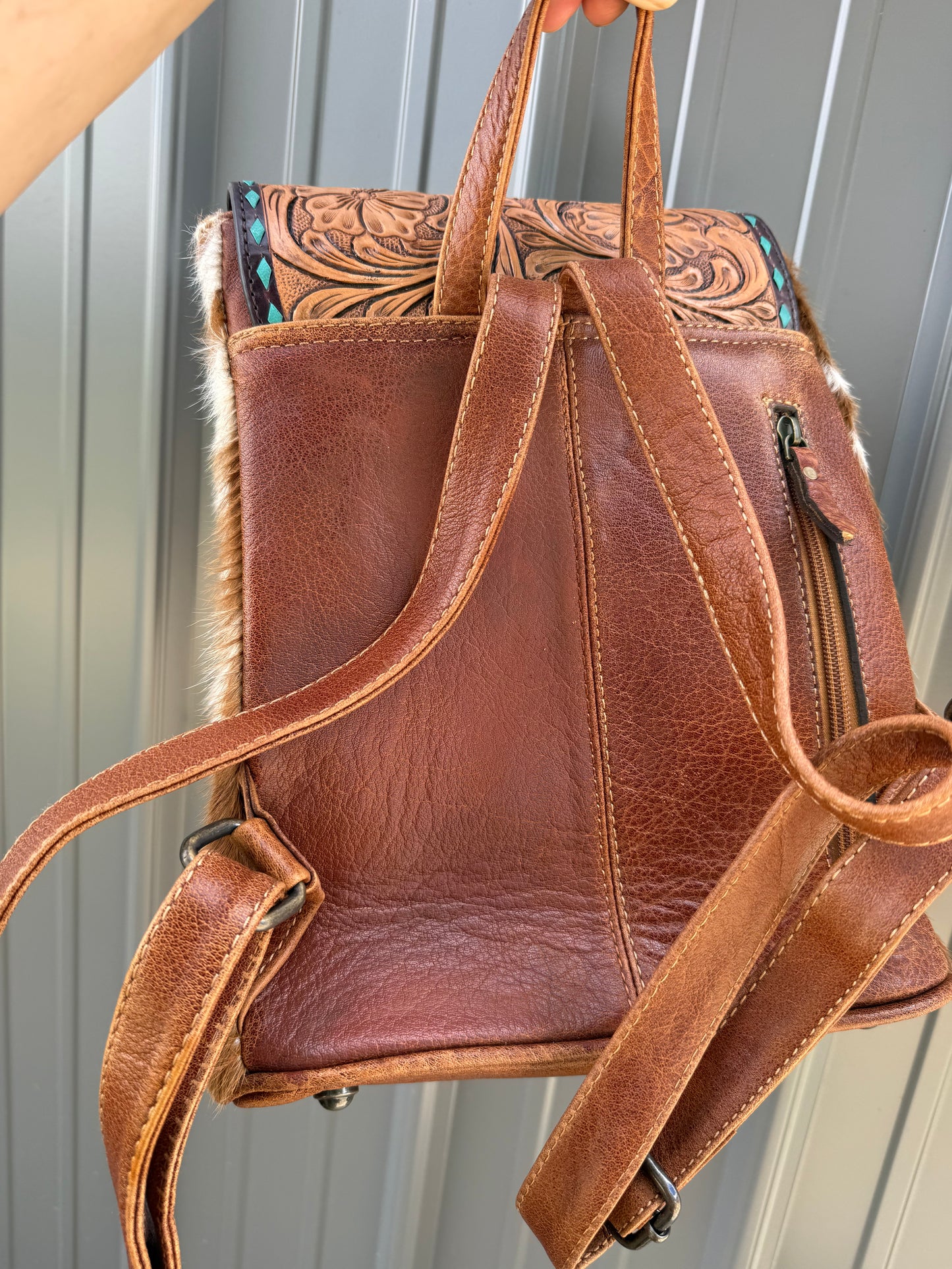 Genuine Tooled Leather Cowhide Turquoise Stone Buckle Mini Backpack