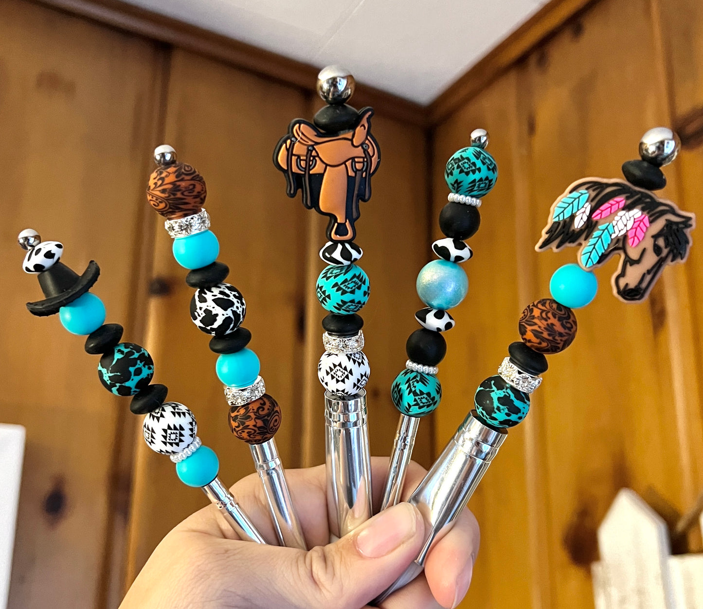 Turquoise Cowhide Rust Aztec Horse Makeup Brush Set