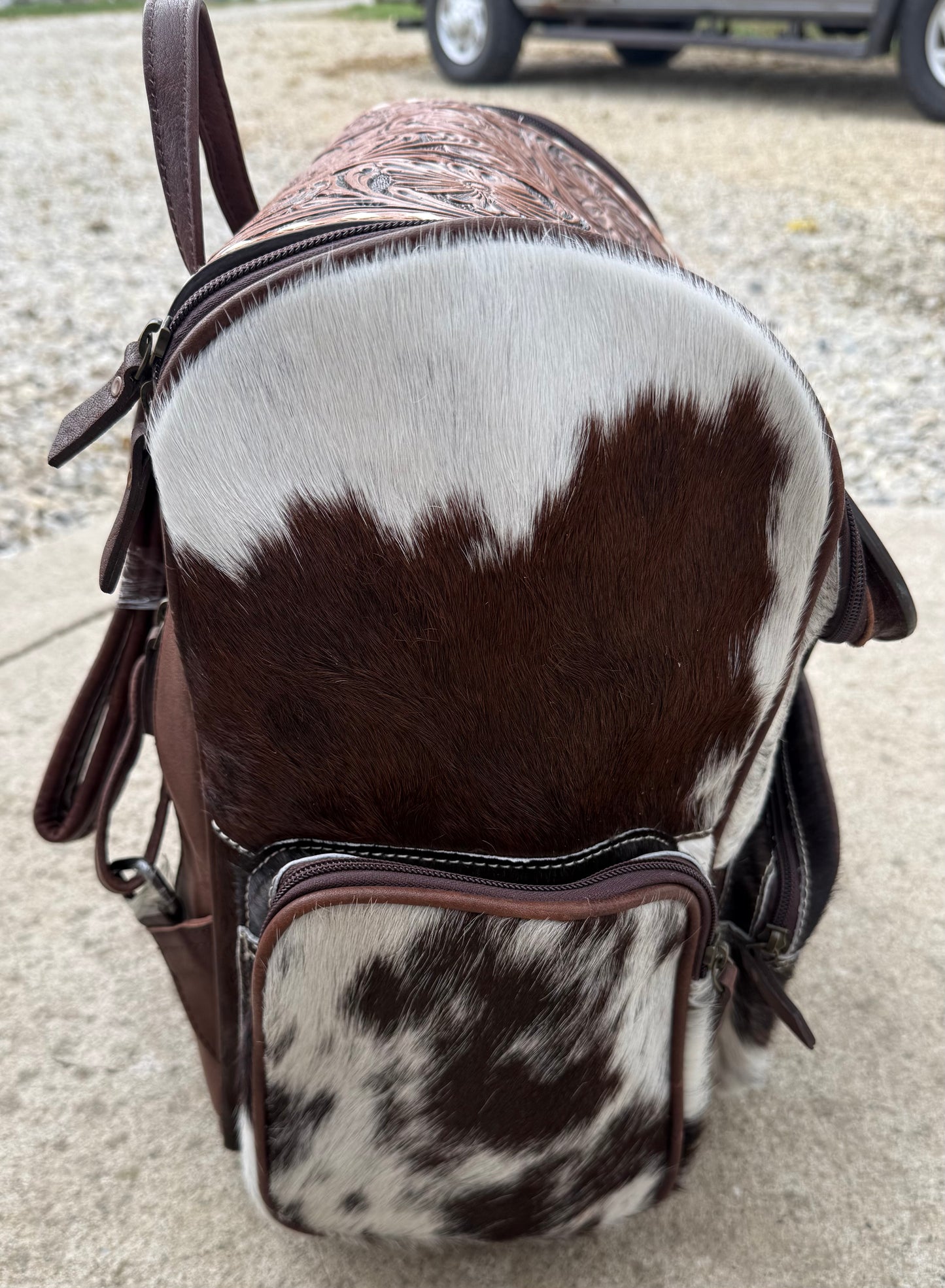 Tooled Leather Brown Cowhide Turquoise Concho Backpack / Diaper Bag