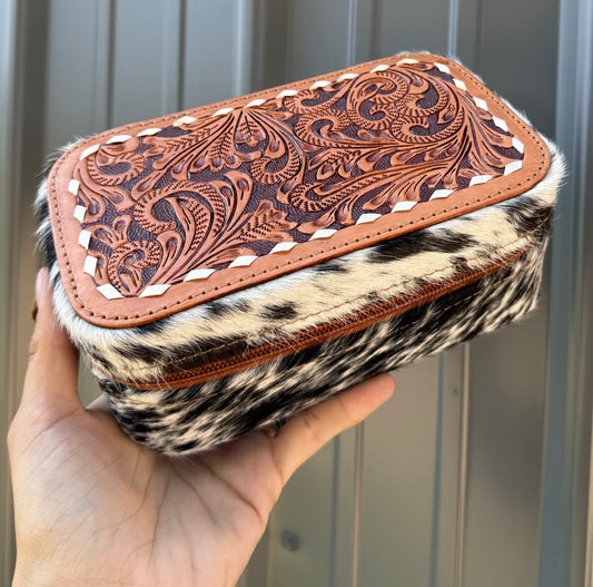 Tooled Floral Brown Speckled Cowhide Rectangle Jewelry Zipper Box