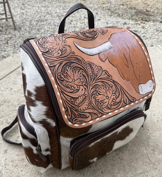 Tooled Leather Highland Cow Brown Cowhide Backpack / Diaper Bag