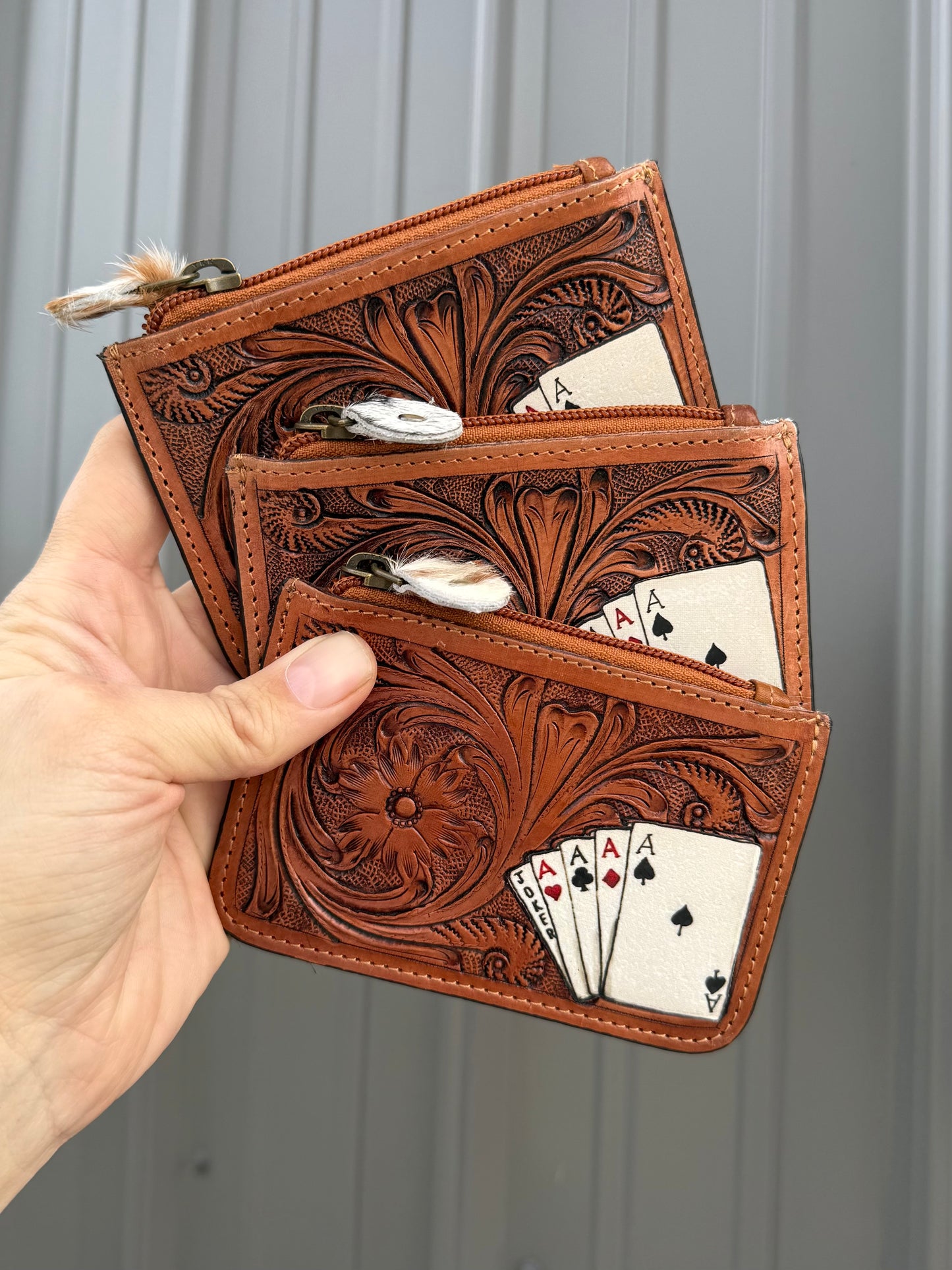 Ace Cards Cowhide Tooled Leather Zipper Pouch