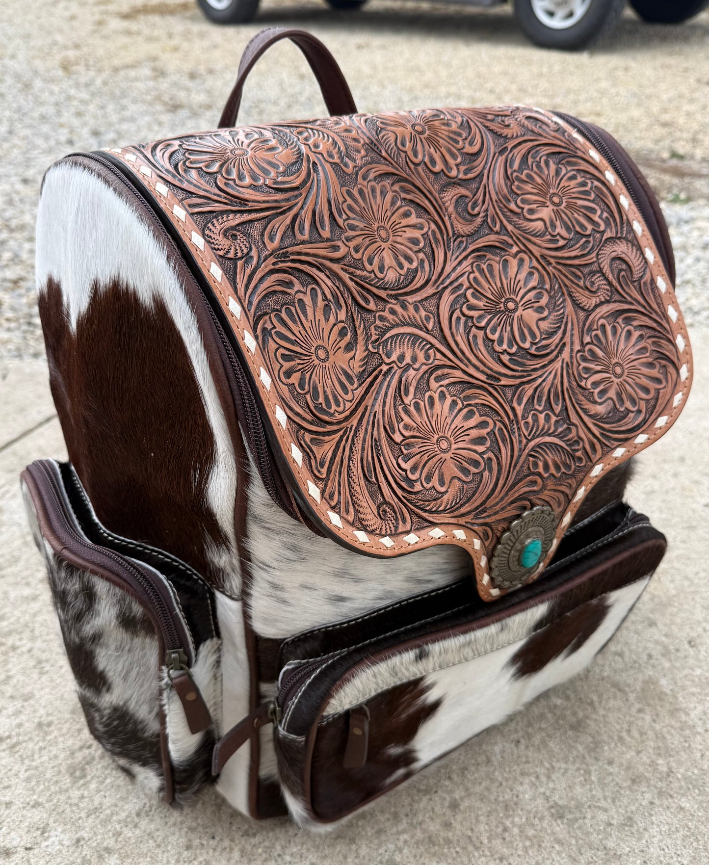 Tooled Leather Brown Cowhide Turquoise Concho Backpack / Diaper Bag