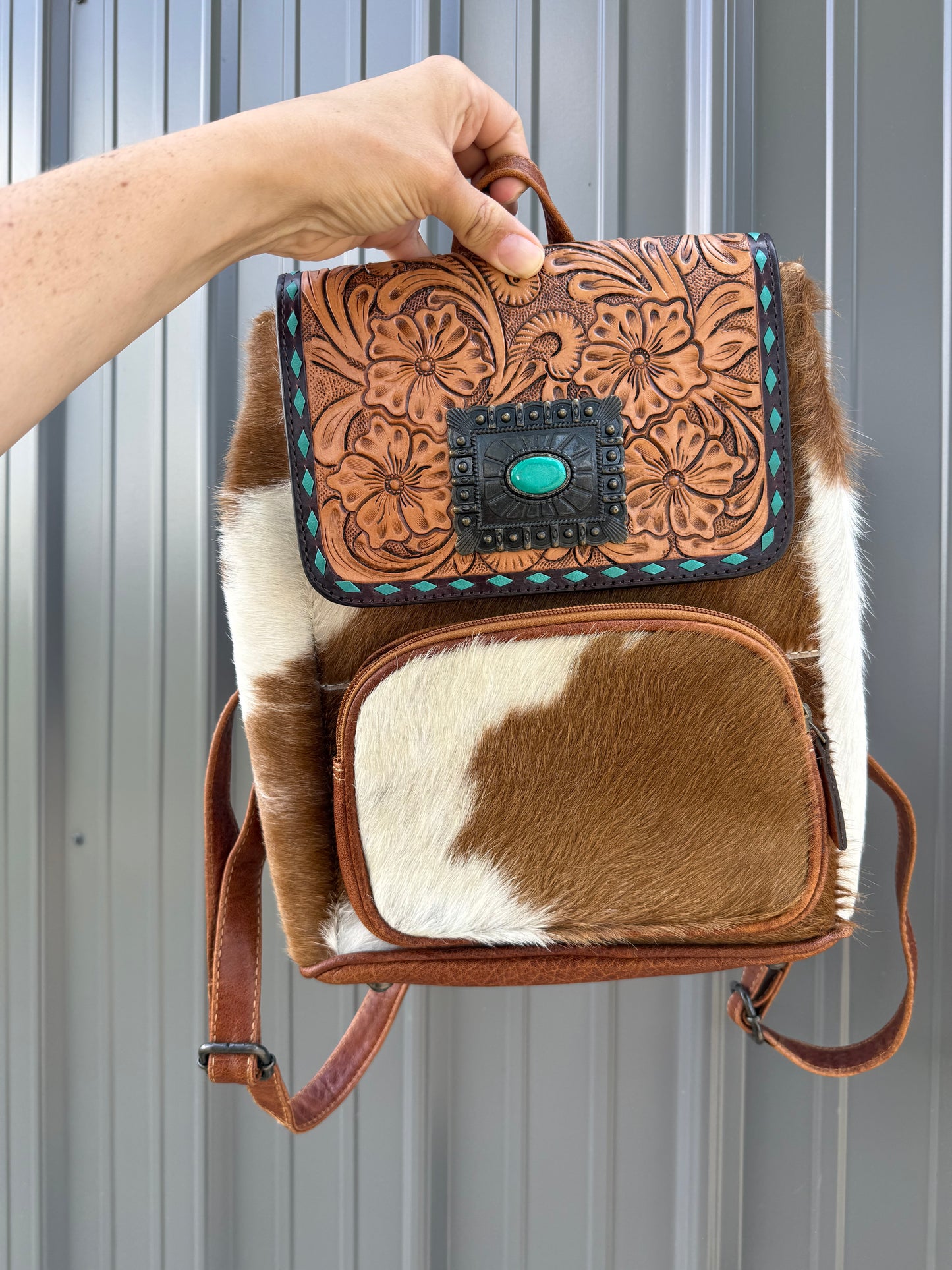 Genuine Tooled Leather Cowhide Turquoise Stone Buckle Mini Backpack