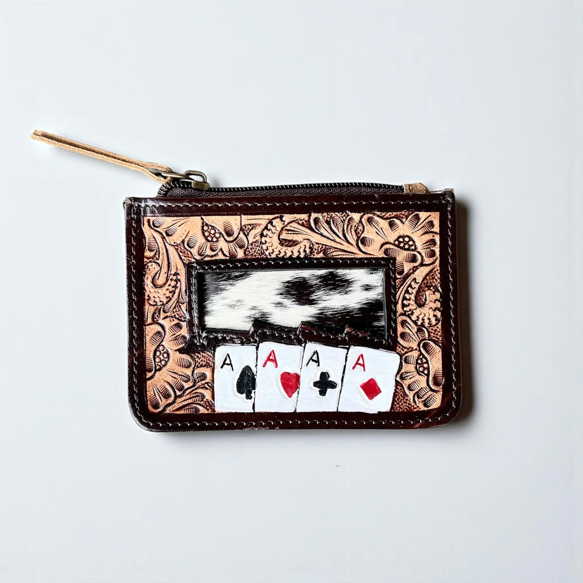Ace Cards Cowhide Tooled Leather Zipper Pouch