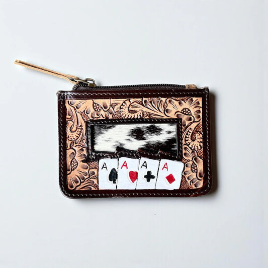 Ace Cards Cowhide Tooled Leather Zipper Pouch
