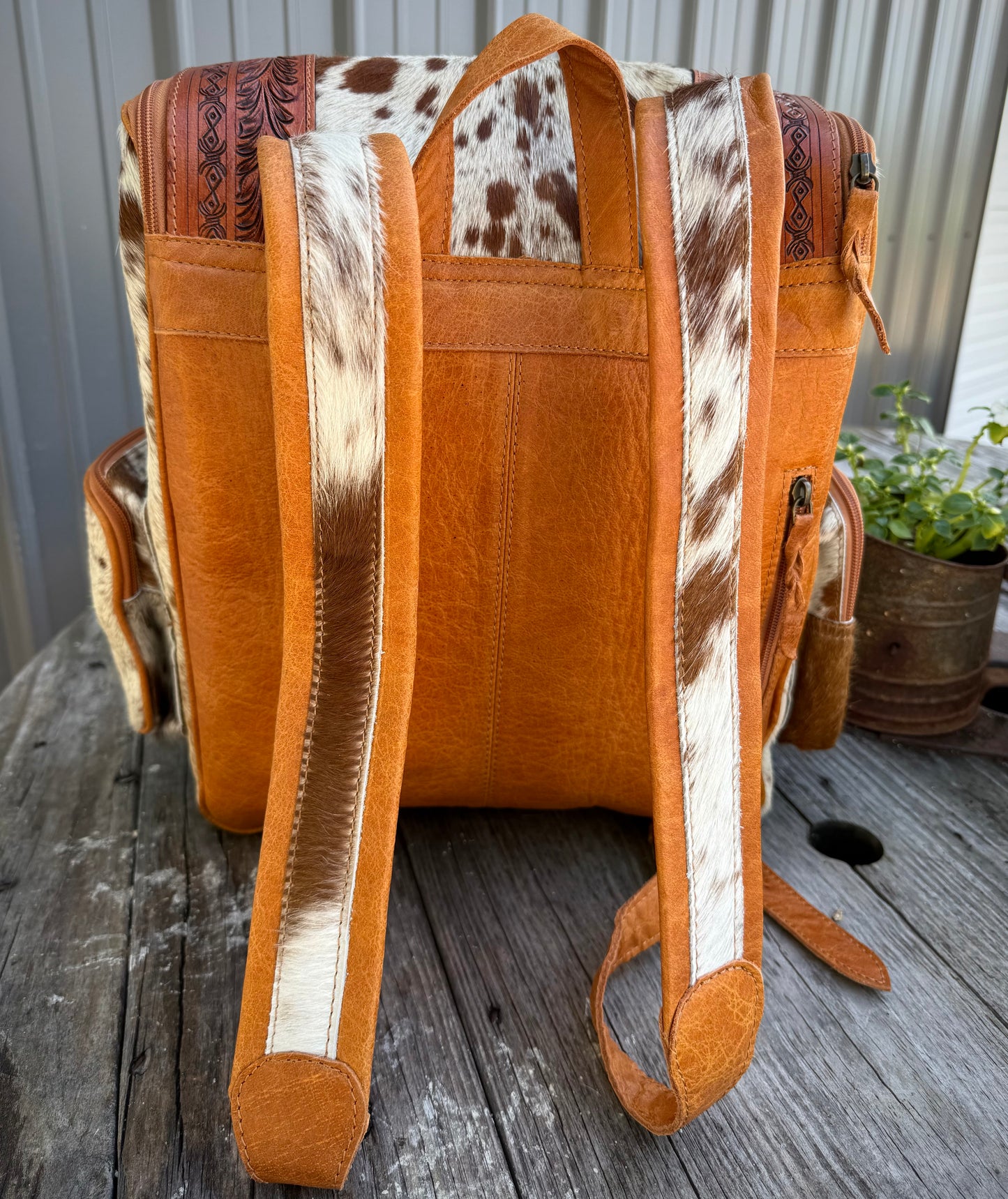 Highland Cow Tooled Leather Brown Cowhide Backpack / Diaper Bag
