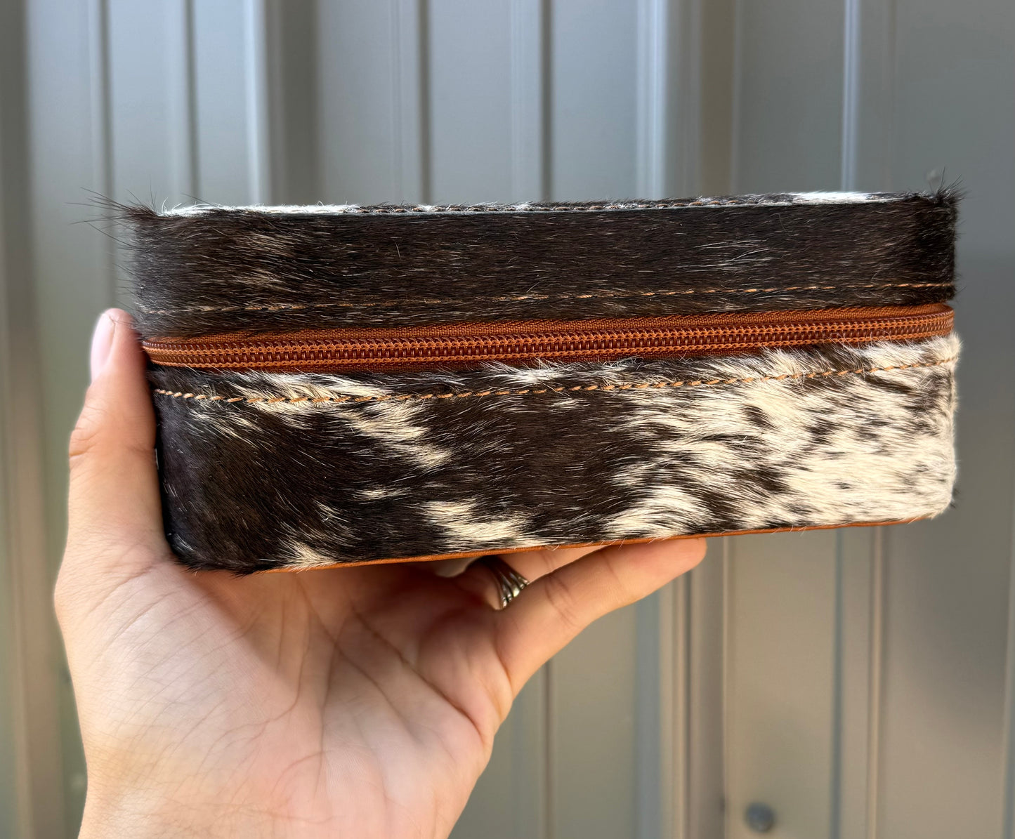Dark Brown Spotted Cowhide Rectangle Jewelry Zipper Box