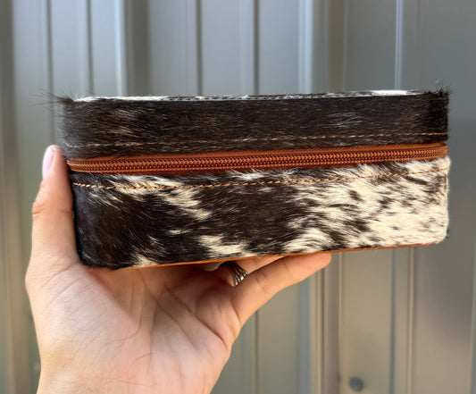Dark Brown Spotted Cowhide Rectangle Jewelry Zipper Box