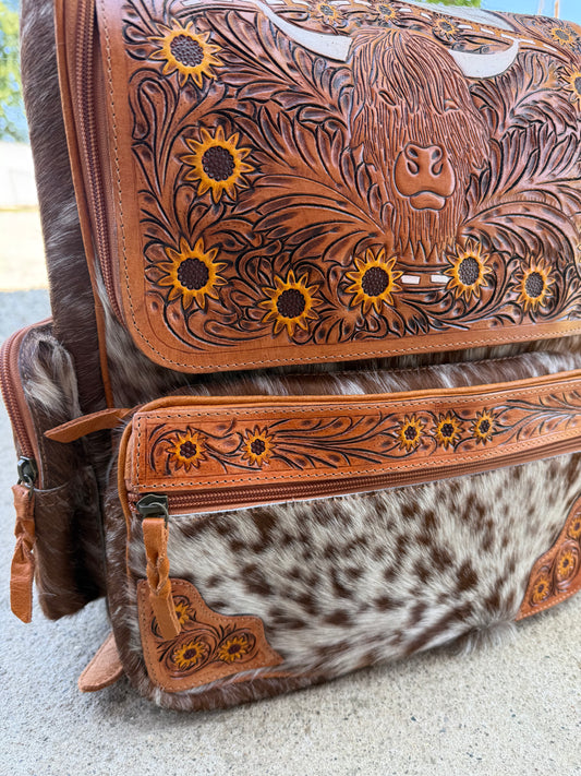 Sunflower Highland Cow Tooled Leather Brown Cowhide Backpack / Diaper Bag