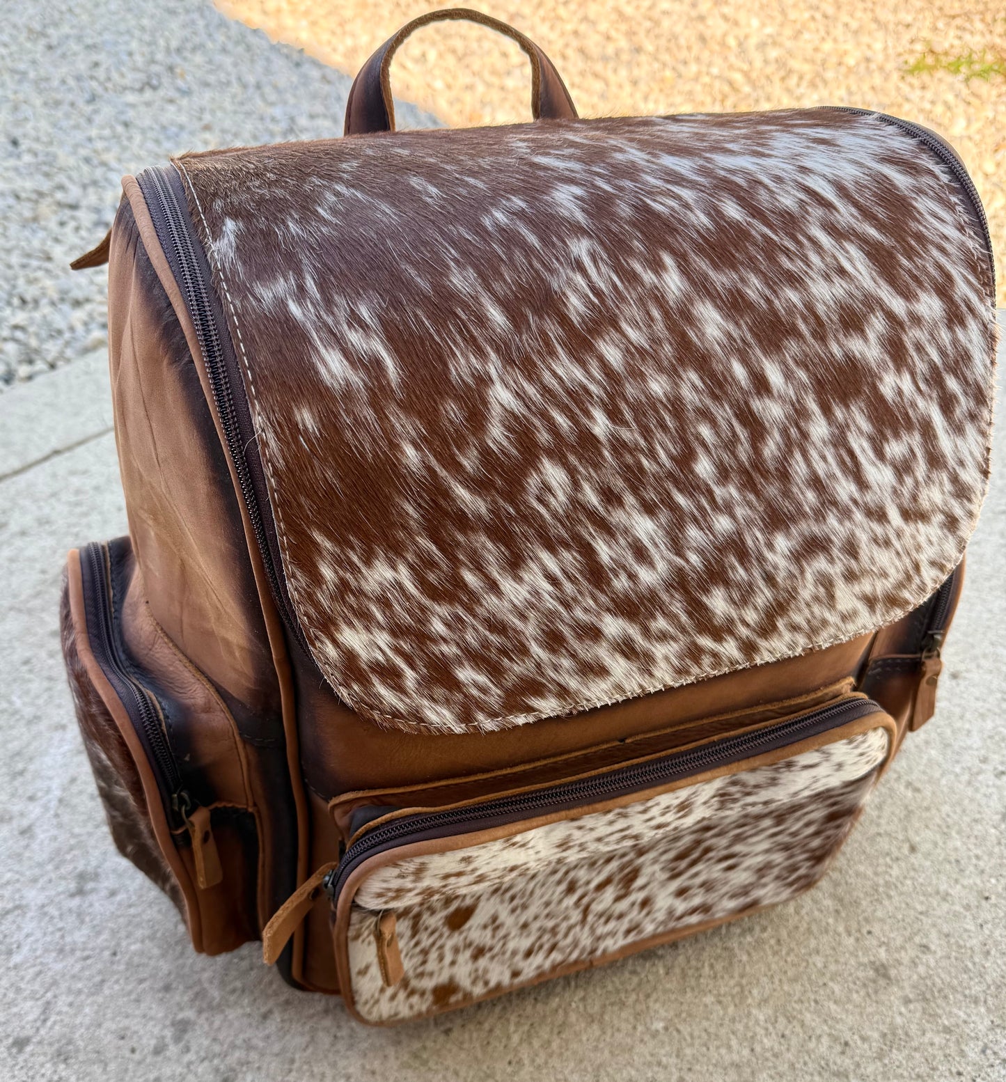Tooled Leather Speckled Brown Cowhide Rustic Leather Backpack / Diaper Bag