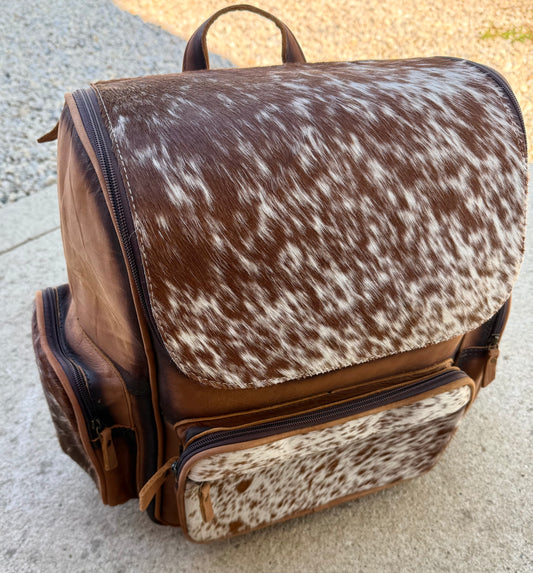 Tooled Leather Speckled Brown Cowhide Rustic Leather Backpack / Diaper Bag