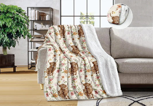 Pink Flower Highland Cow Sherpa Backing Queen Blanket