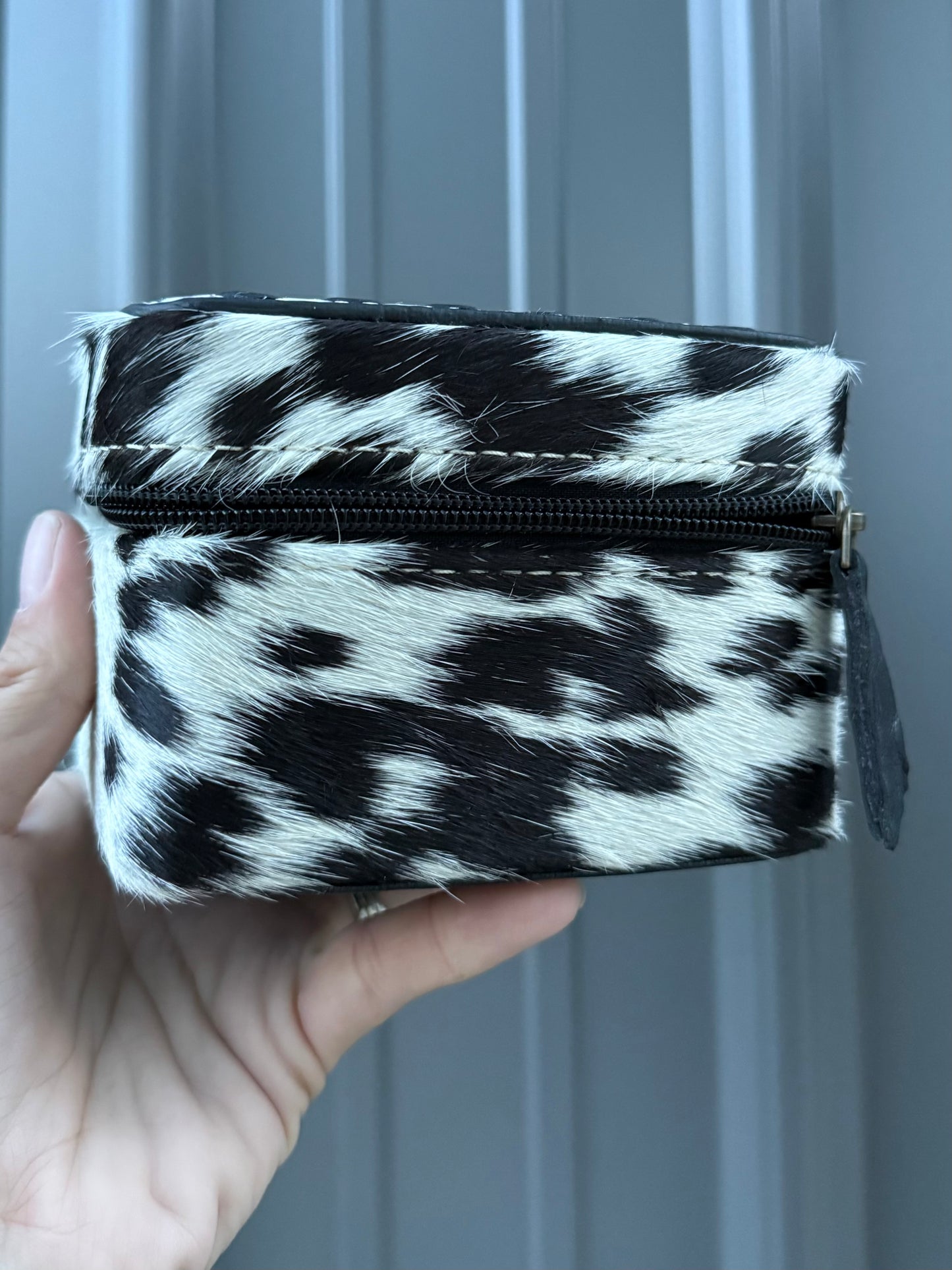 Checkered and Cowhide Square Jewelry Zipper Box