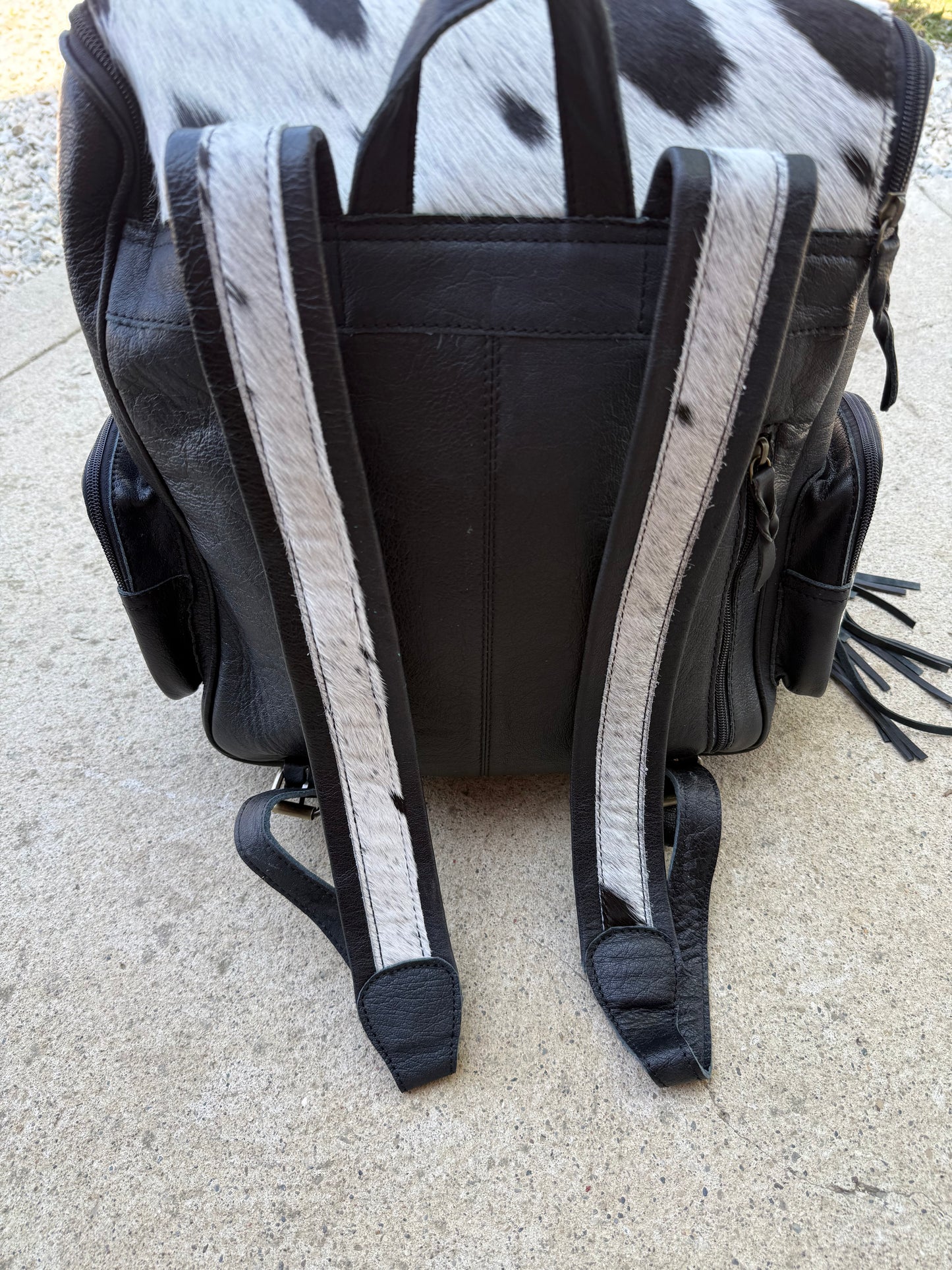 Black Leather Fringe Cowhide Backpack / Diaper Bag