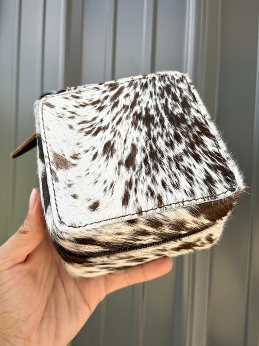 Dark Brown Speckled Cowhide Square Jewelry Zipper Box