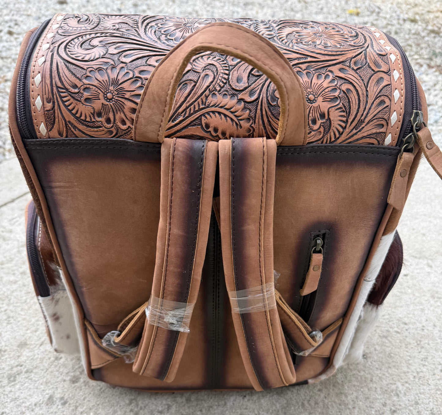 Tooled Leather Brown Cowhide Backpack / Diaper Bag