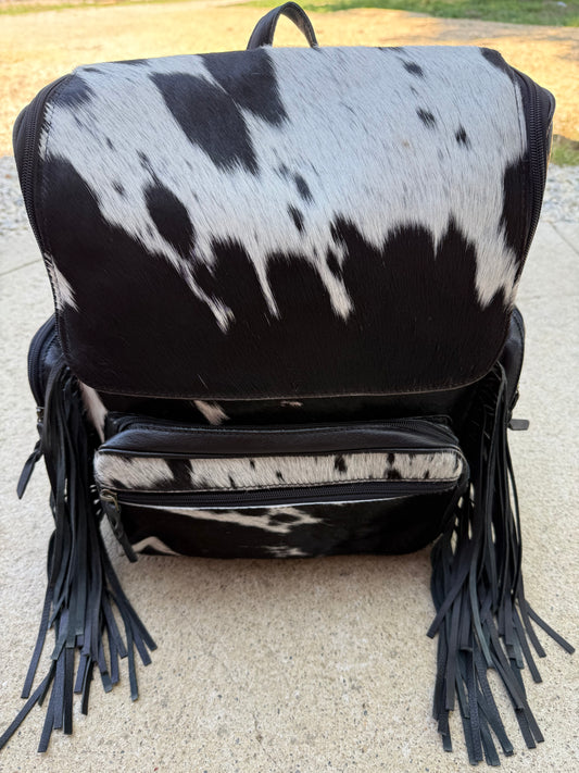 Black Leather Fringe Cowhide Backpack / Diaper Bag