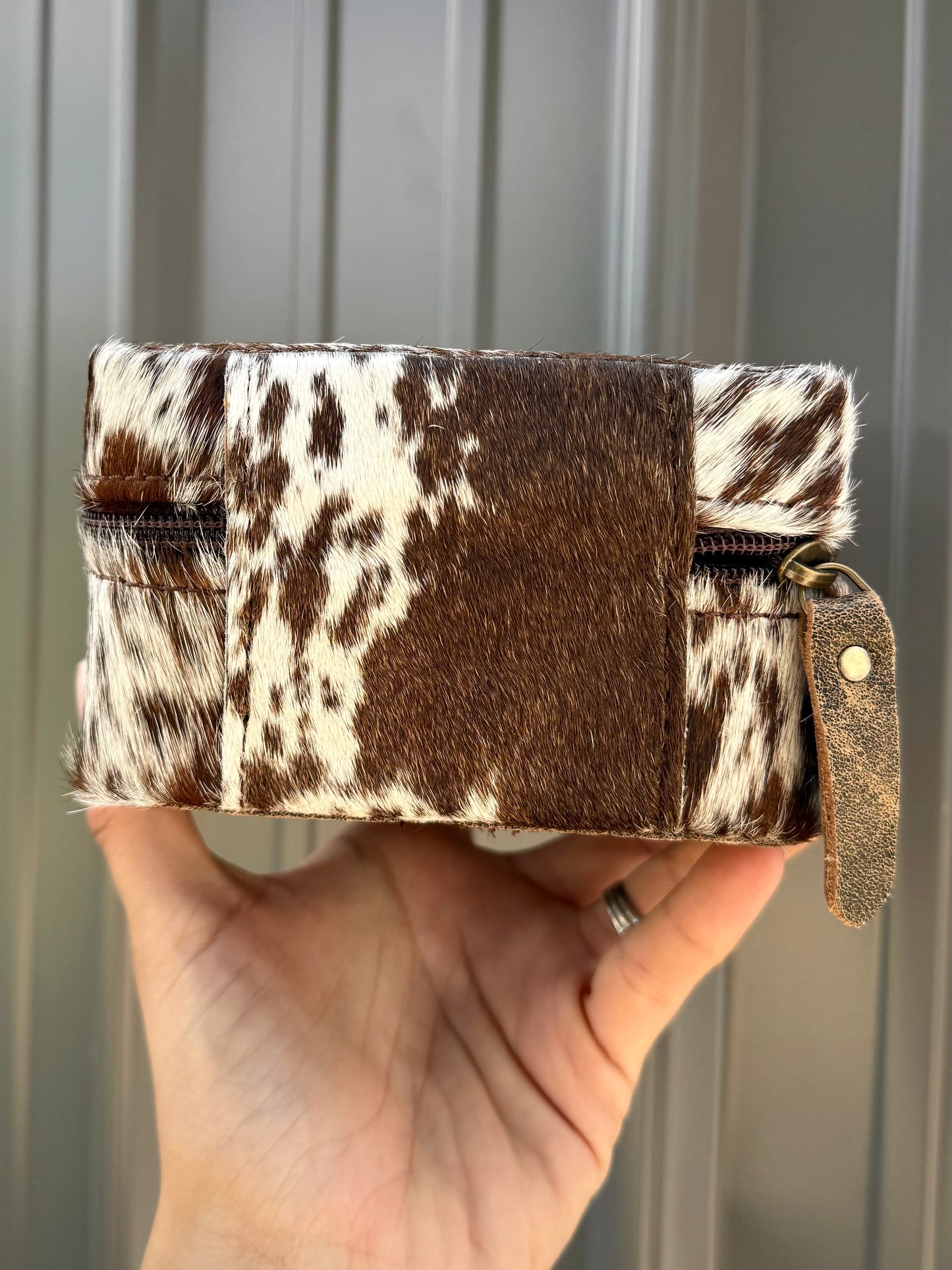 Dark Brown Speckled Cowhide Square Jewelry Zipper Box