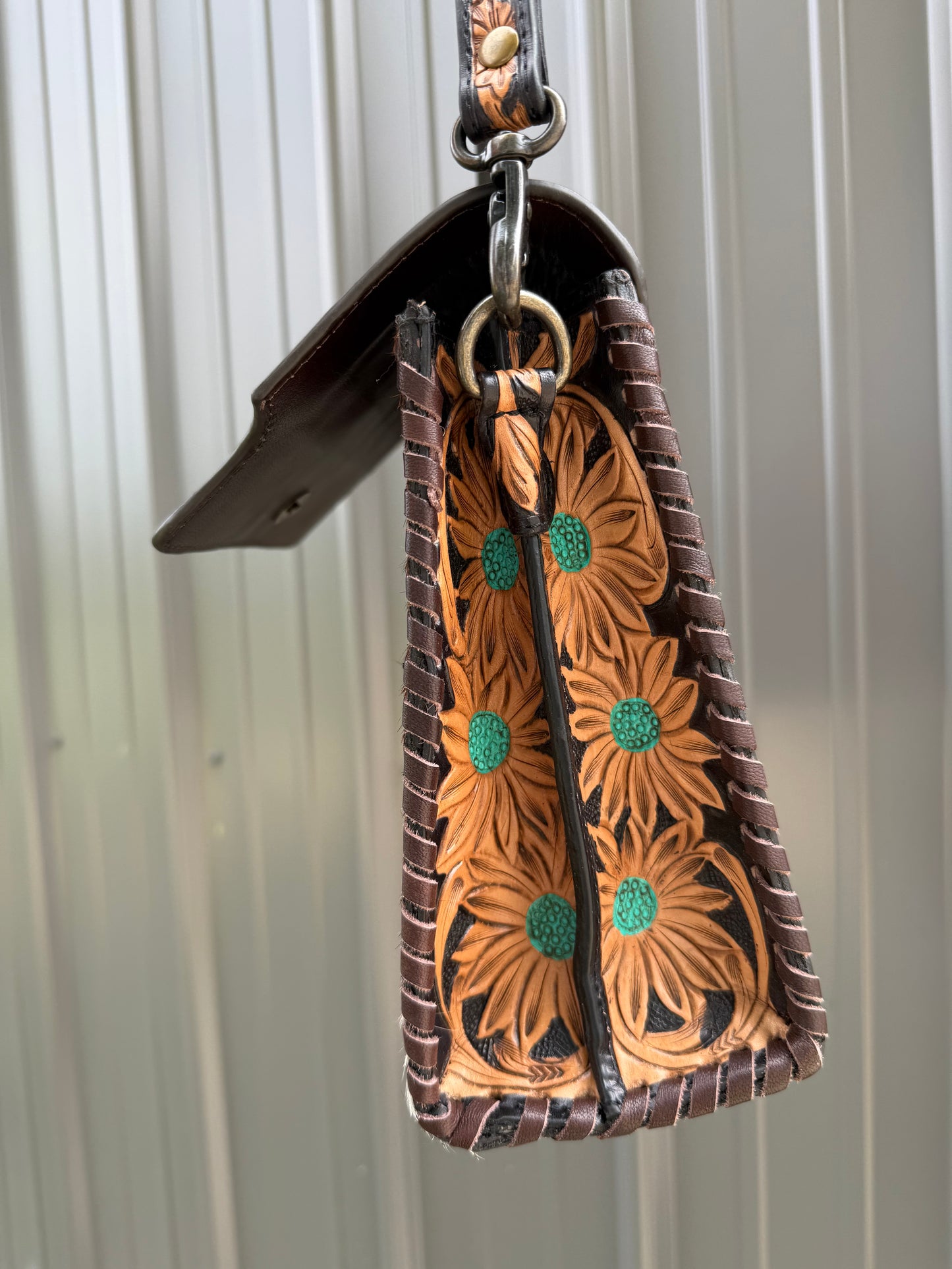 Turquoise Flower Tooled Genuine Cowhide Purse