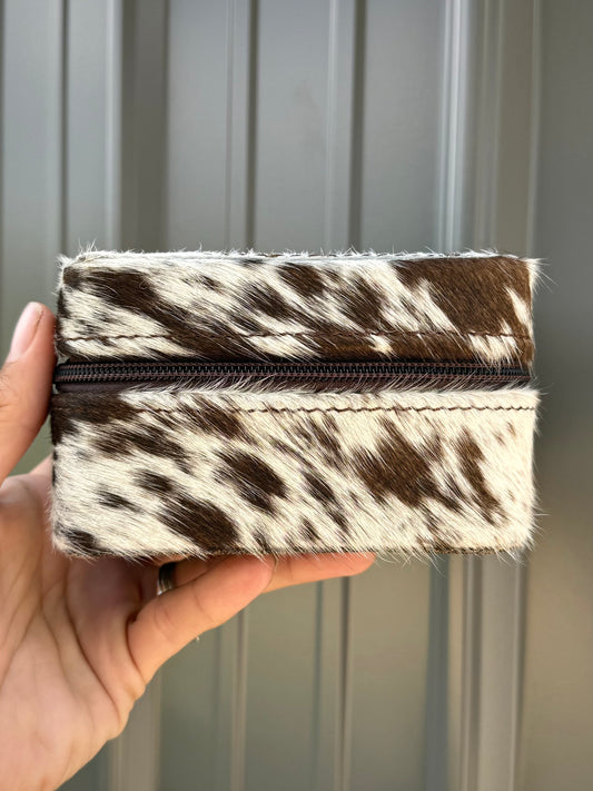 Dark Brown Speckled Cowhide Square Jewelry Zipper Box