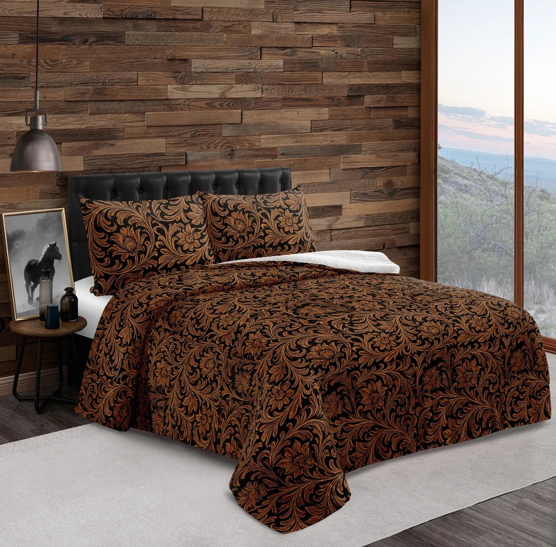 Tooled Floral Leather Sherpa Bedding Set