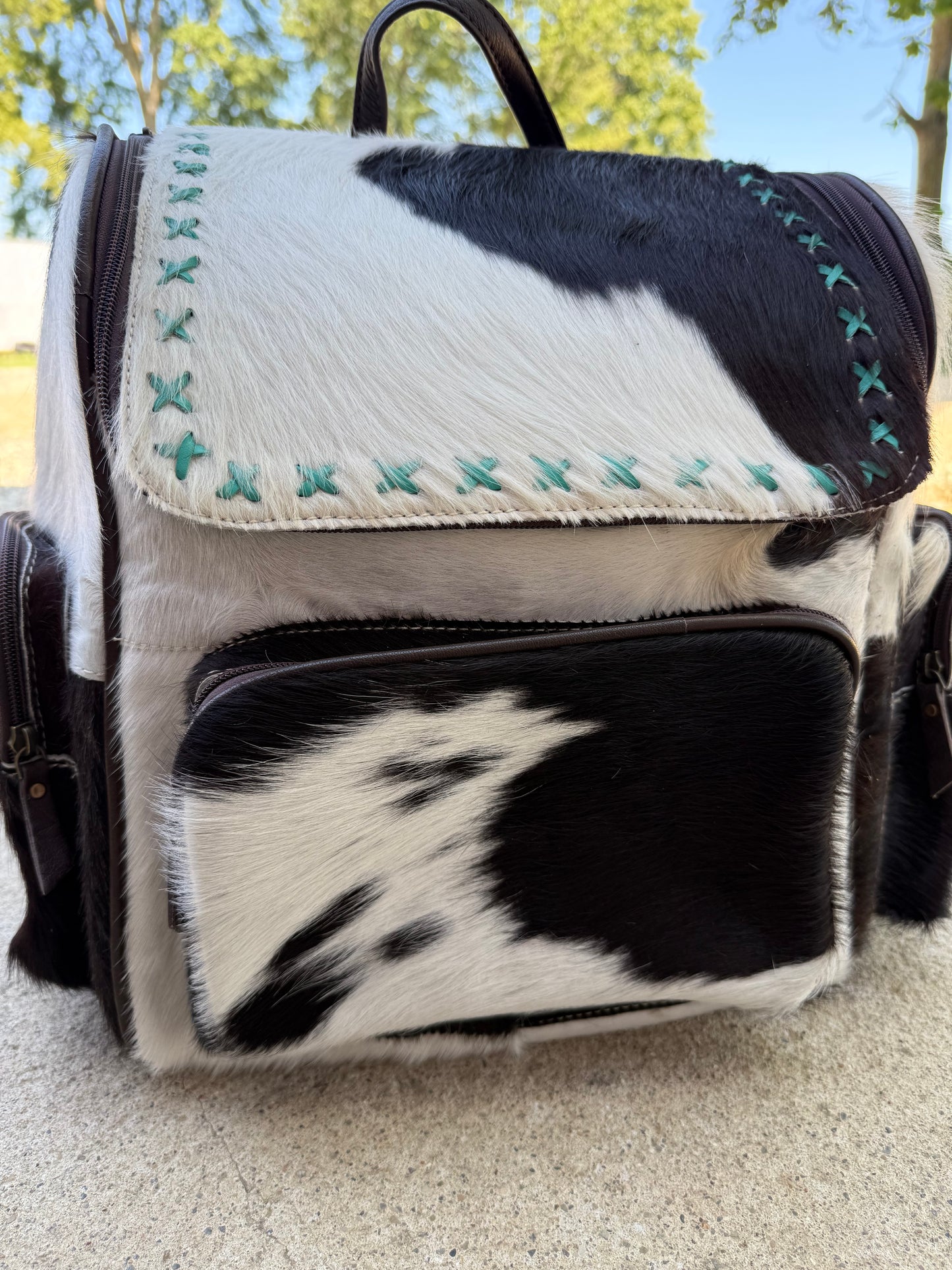 Black & White Cowhide Turquoise Stitching Backpack / Diaper Bag