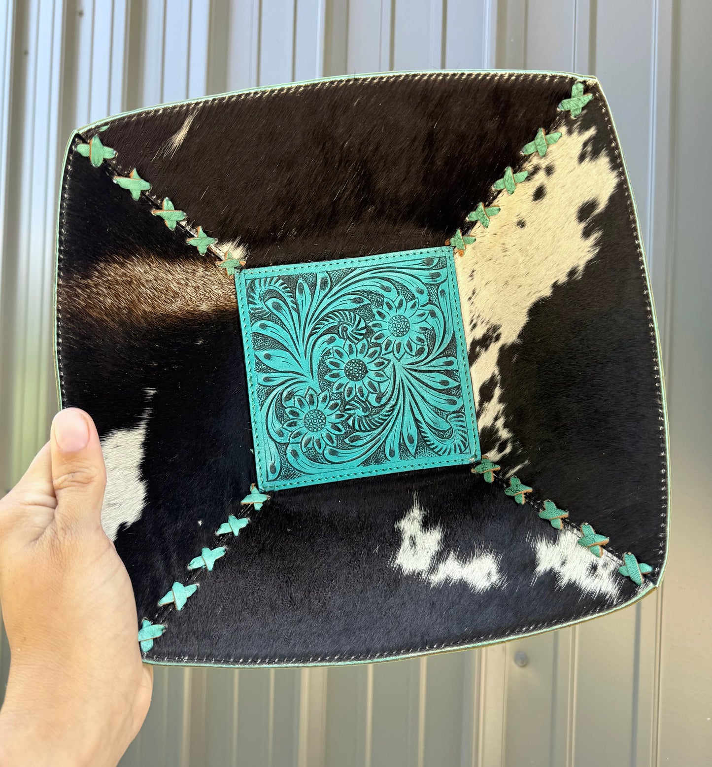 Large Turquoise Tooled Black & White Genuine Cowhide Catch All Bowl