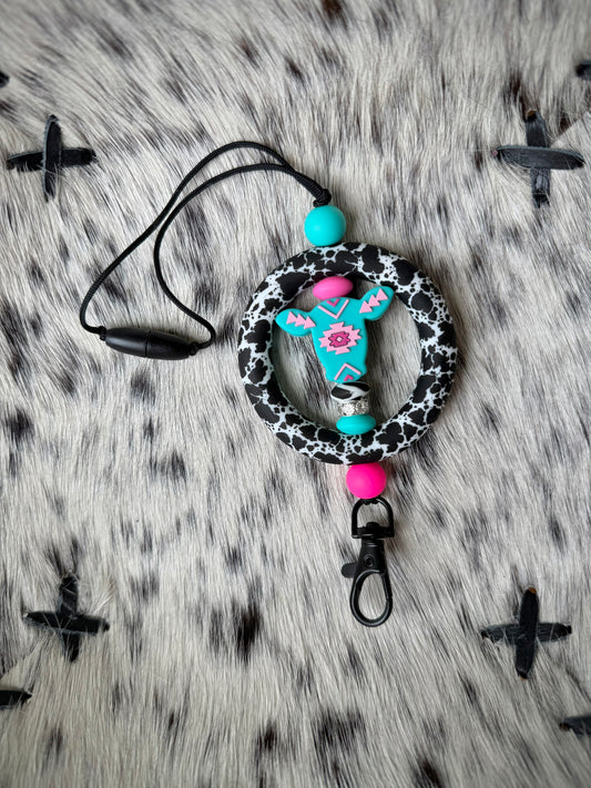 Pink/ Turquoise Aztec Cow Cowhide Car Dangle