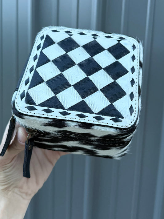 Checkered and Cowhide Square Jewelry Zipper Box