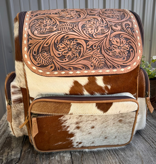 Tooled Leather Speckled Brown Cowhide Rustic Leather Backpack / Diaper Bag